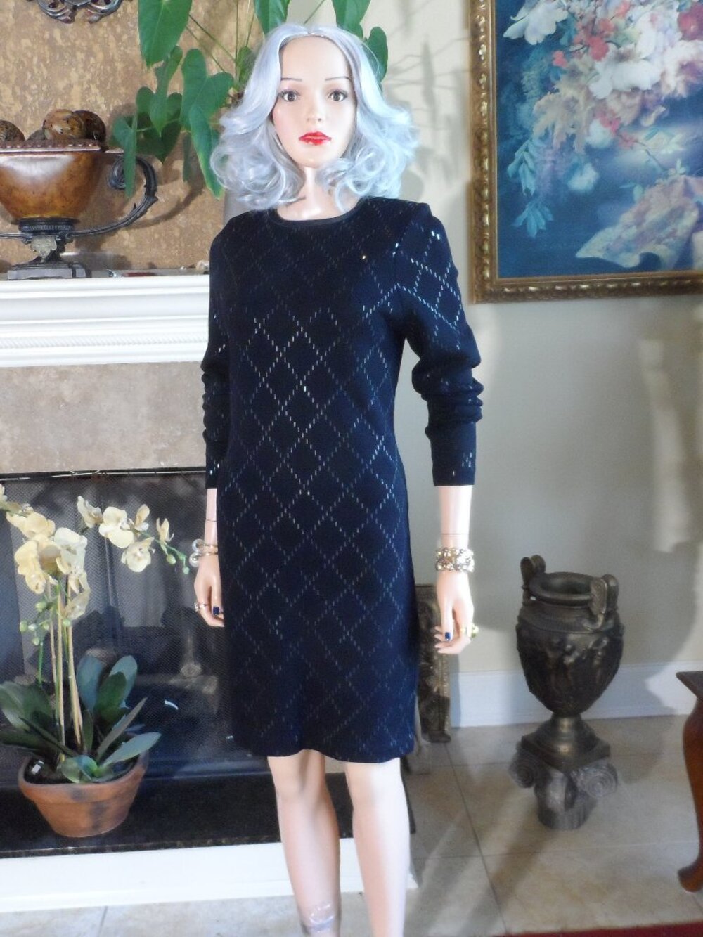 St. John by Marie Gray Black Metallic Paillette Knit Dress Size M